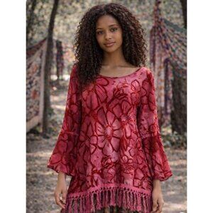 Gypsy Junkies Cranberry Burnout Velvet Boho Hippie Drapey Fringe Tunic M/L